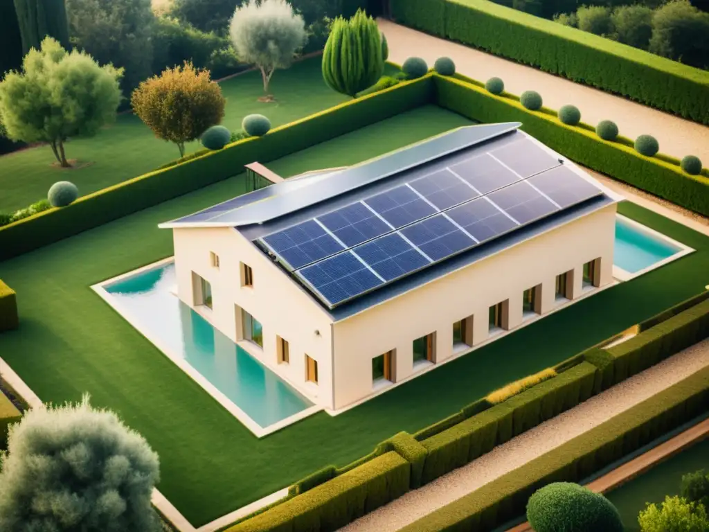 Villa romana con paneles solares integrados, evocando la autosuficiencia energética en la arquitectura histórica y la armonía con la naturaleza