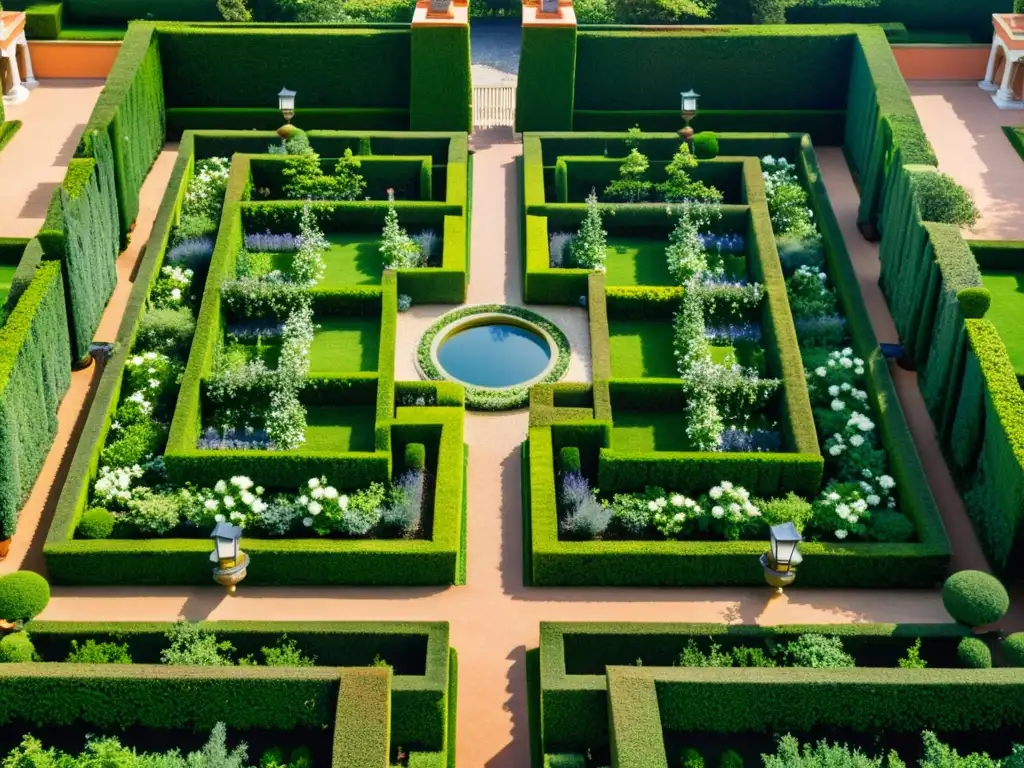 Villas y jardines del Renacimiento: Detallado jardín renacentista con parterres simétricos, fuentes ornamentadas y villas elegantes entre vegetación exuberante