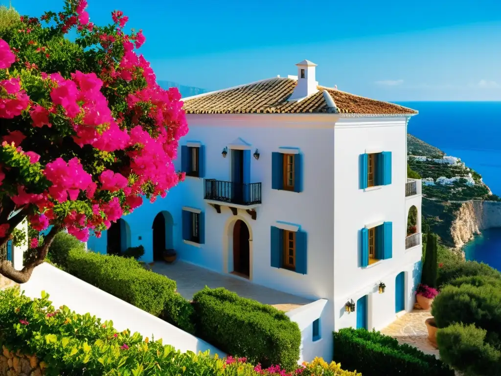 Una villa mediterránea vintage en un acantilado, con paredes blancas, tejas terracota y bougainvillea en flor