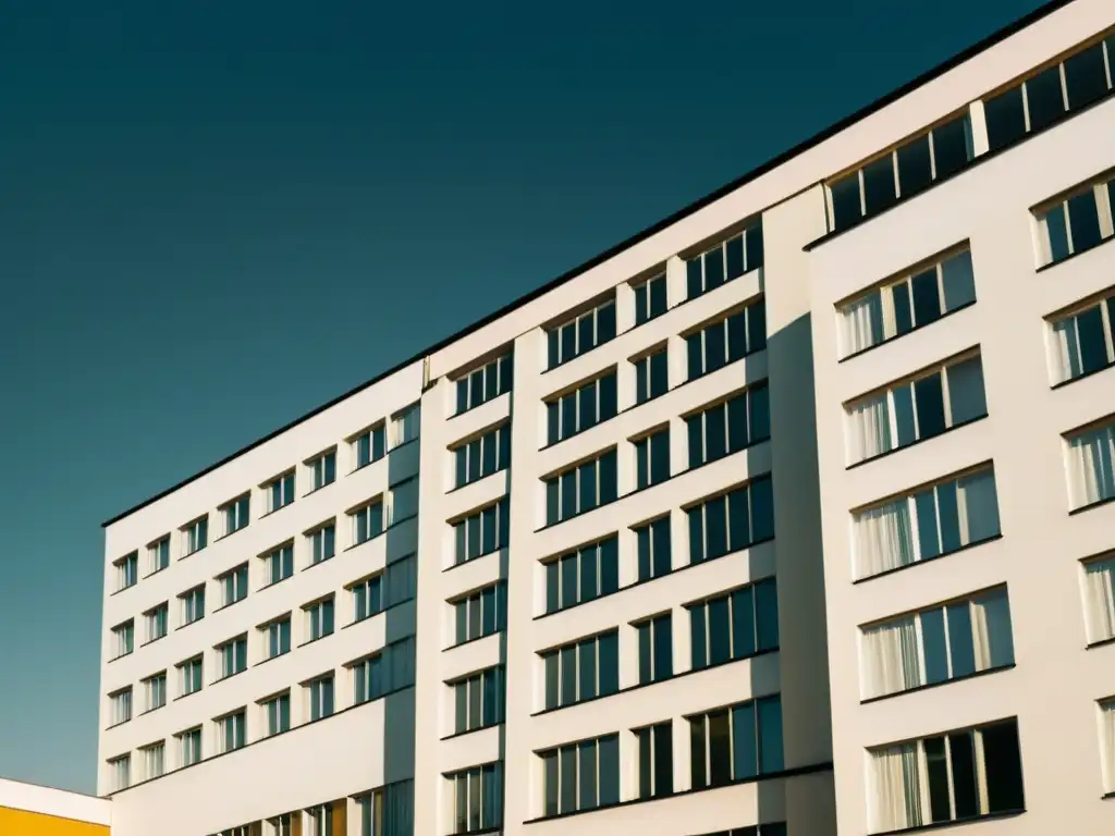 Una fotografía vintage del edificio de la Bauhaus en Dessau, Alemania, resalta su diseño modernista icónico con líneas limpias y formas geométricas