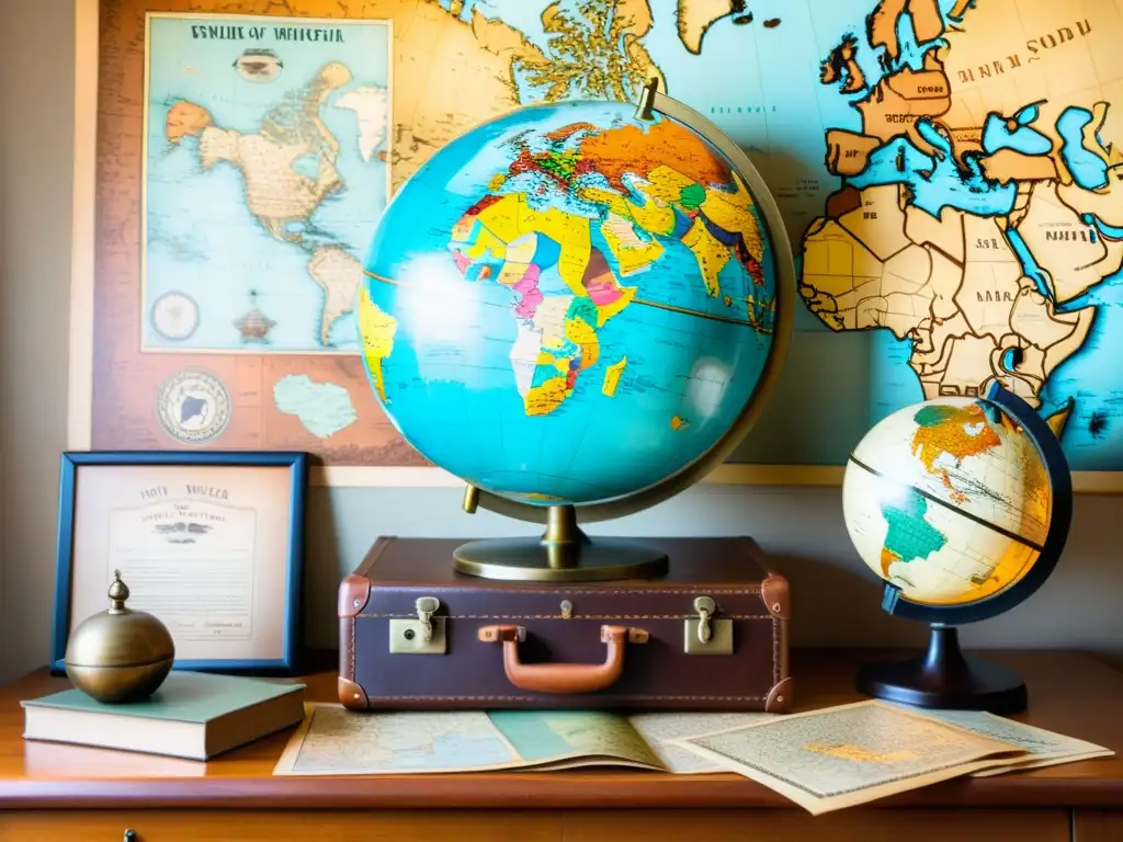 Vintage globo sobre escritorio de madera rodeado de souvenirs de viaje