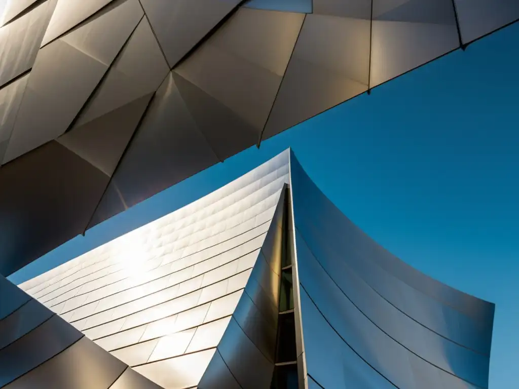 Una fotografía vintage del exterior del Walt Disney Concert Hall en Los Ángeles, destacando su arquitectura deconstructivista con superficies metálicas onduladas, formas angulares y juegos de luz y sombra