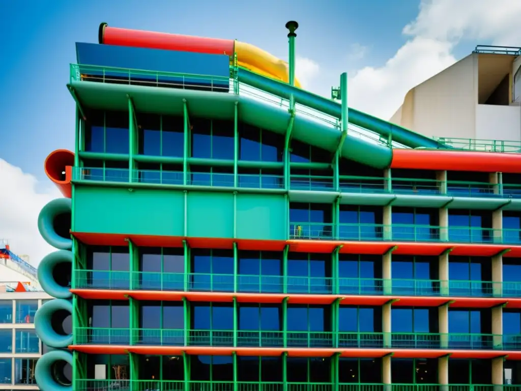 Una fotografía vintage del exterior del Centro Pompidou en París, con su icónico diseño deconstructivista y lenguaje visual deconstructivismo comunicación desorden