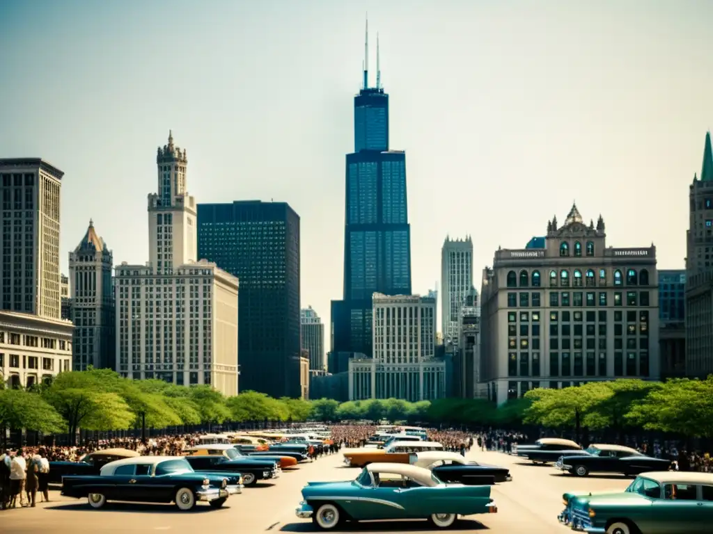 Vintage foto sepia del icónico skyline de Chicago con el Willis Tower y edificios históricos