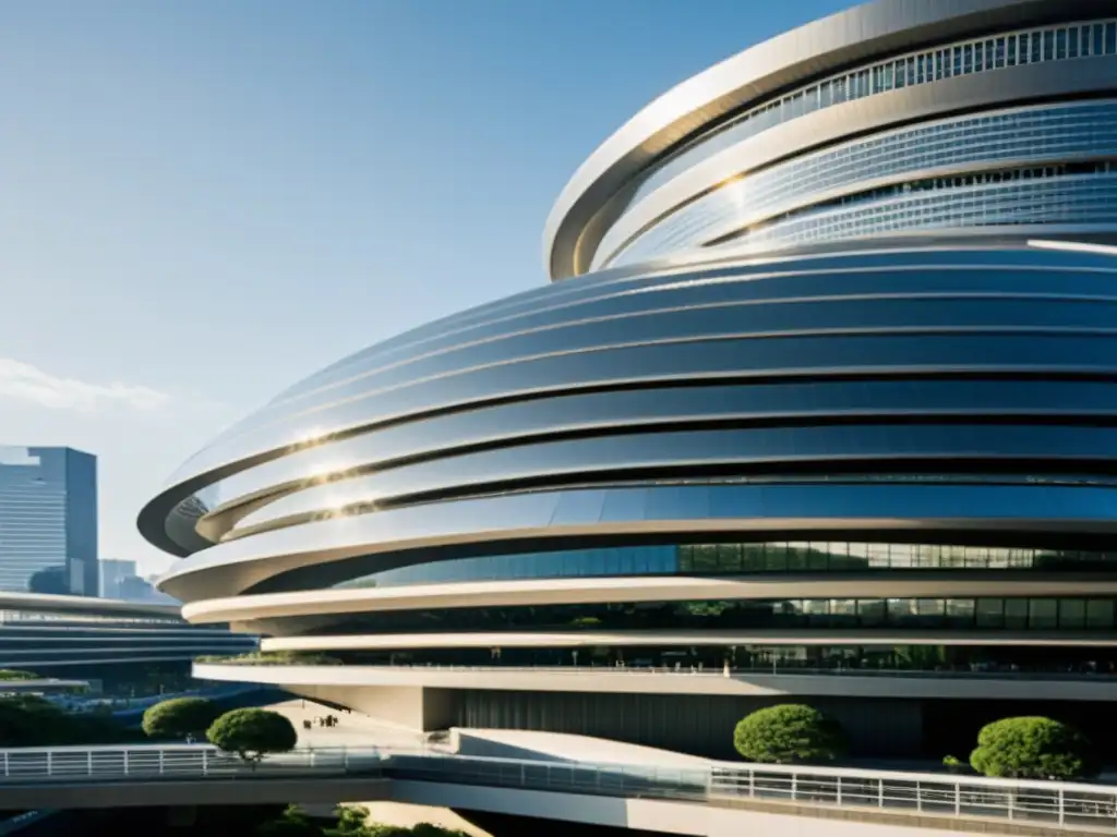 Una fotografía vintage del futurista Tokyo International Forum, destacando su arquitectura de vidrio y acero en contraste con el paisaje urbano