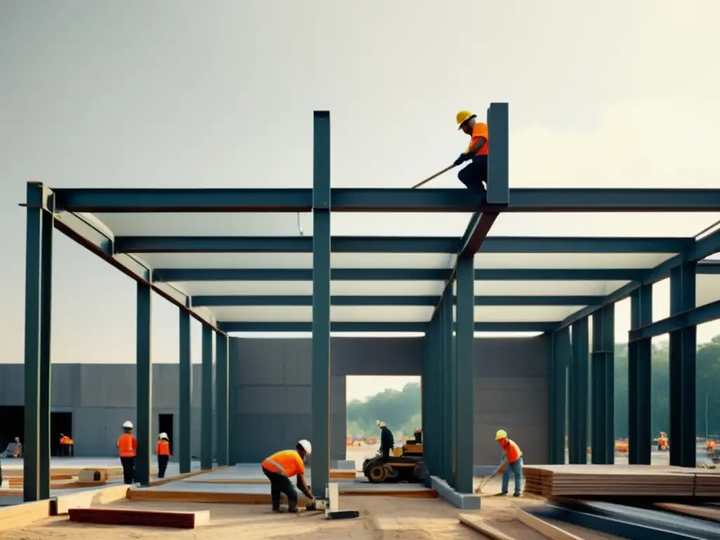 Una fotografía vintage del proceso de construcción de un edificio deconstructivista, destacando las técnicas pioneras de deconstructivismo