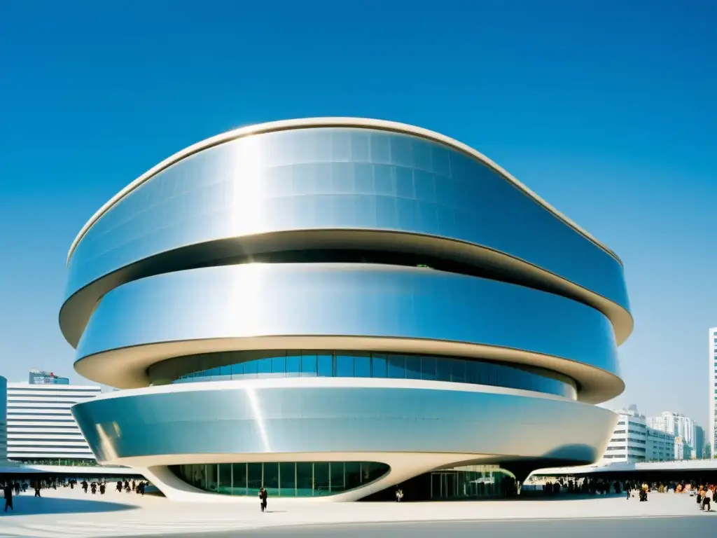 Una fotografía vintage del Dongdaemun Design Plaza en Seúl, Corea del Sur, reflejando su diseño arquitectónico moderno y ola coreana