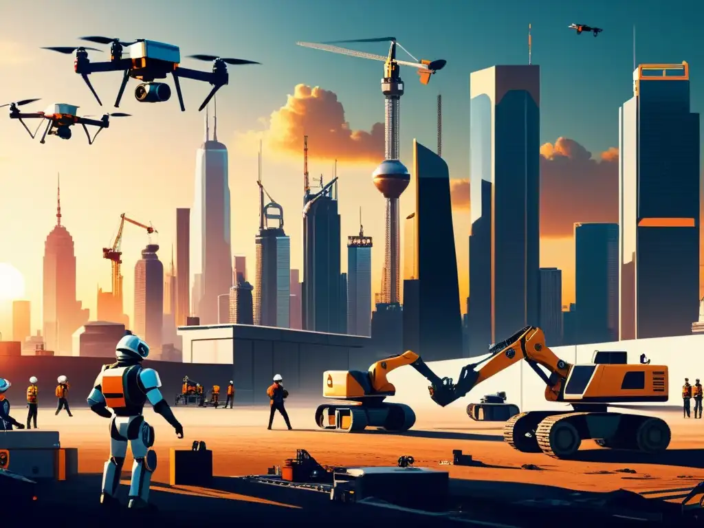 Una visión futurista de la construcción con robots y drones integrados en el entorno urbano