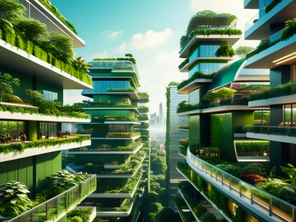 Una visión nostálgica de la integración biodiversidad arquitectura futura en una ciudad futurista, con puentes elevados y rascacielos