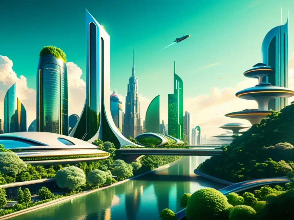 Una visión utópica de una ciudad futurista con arquitectura vintage y tecnología avanzada, integrada en un paisaje natural