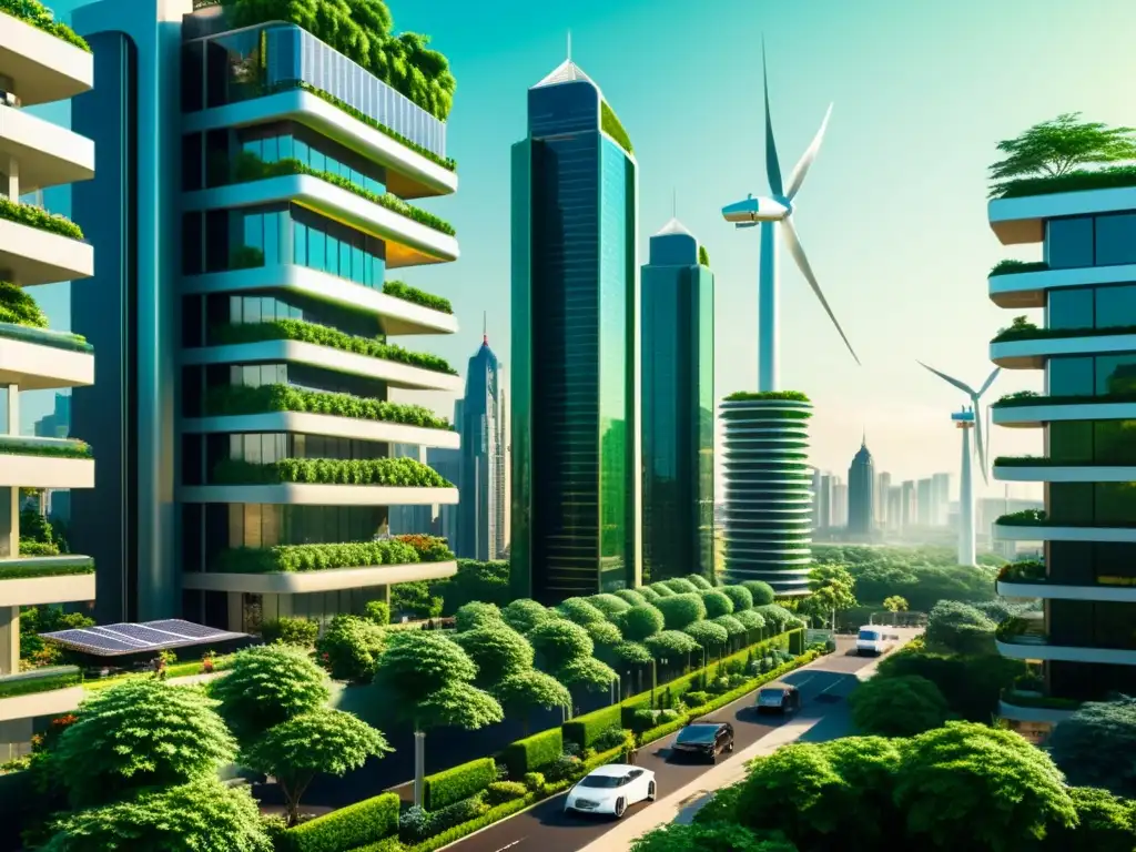 Una visión vintage de una ciudad futurista con edificios verdes como pulmón urbano, integrando naturaleza y tecnología en armonía