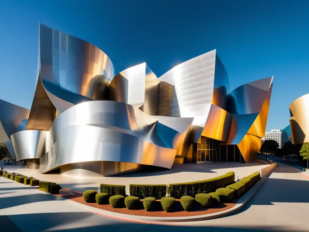 Vista aérea del icónico Walt Disney Concert Hall en Los Ángeles, destacando su arquitectura deconstructivista