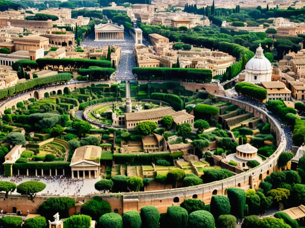 Vista aérea de la antigua Roma con su red de calles y monumentos icónicos