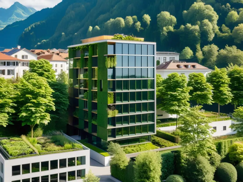 Vista aérea de la arquitectura sostenible en Liechtenstein, fusionando elementos naturales y diseño contemporáneo en el LCT One