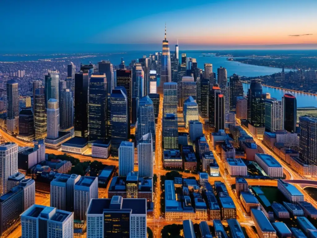 Vista aérea al atardecer de una metrópolis con rascacielos iluminados