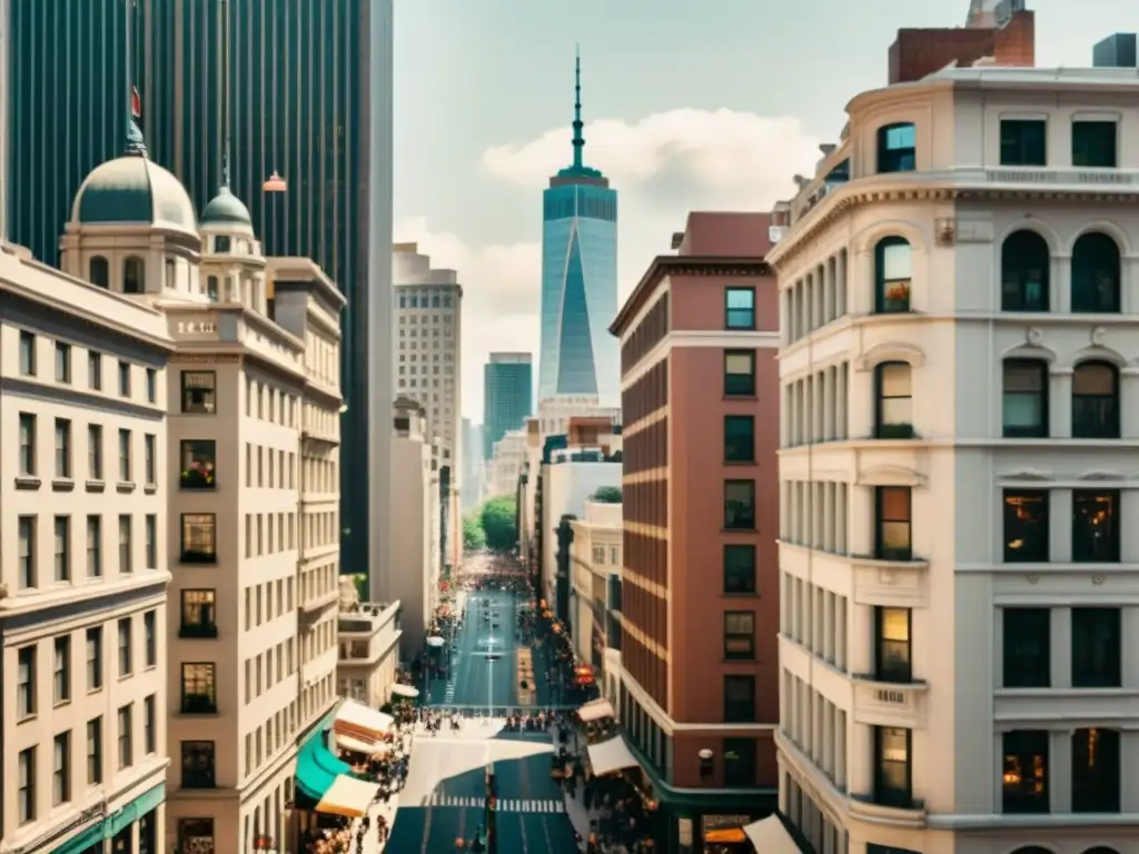 Vista aérea de la bulliciosa ciudad con cohabitación en la arquitectura moderna, mezcla de estilos y energía urbana