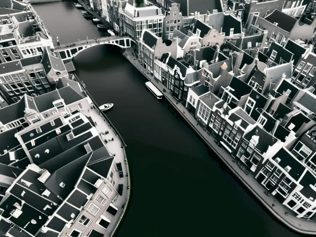 Red de Canales de Ámsterdam: Belleza Histórica Vista aérea de los canales de Ámsterdam, en blanco y negro