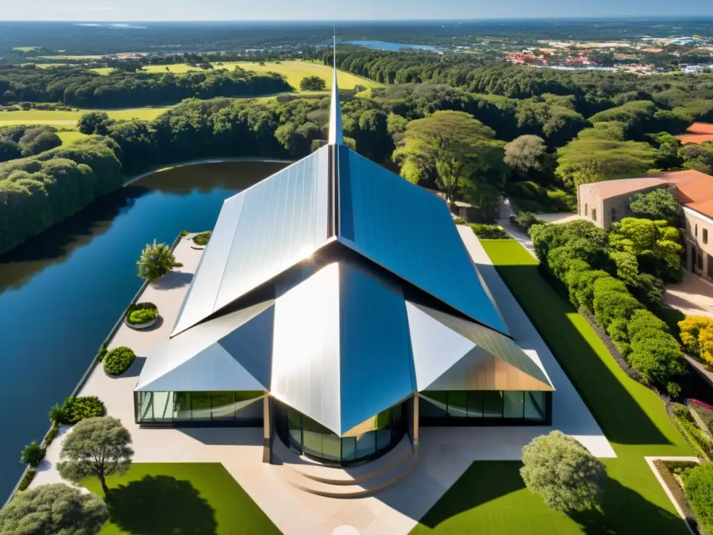 Vista aérea de catedral moderna fusionando sagrado y moderno, con juego de luz y sombra