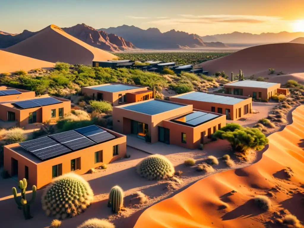 Vista aérea de una ciudad desértica moderna con arquitectura sostenible, rodeada de dunas y cactus