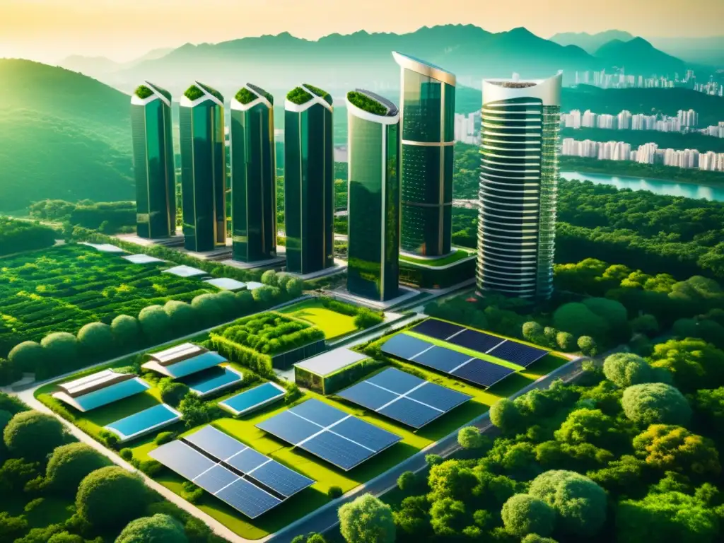 Vista aérea de una ciudad futurista ecoamigable con rascacielos sostenibles adornados con vegetación y paneles solares