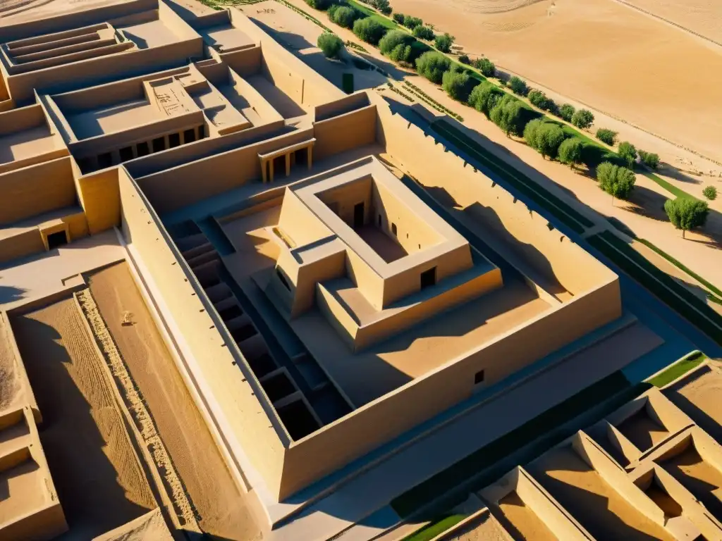 Una vista aérea detallada de la antigua ciudad de Ur en Mesopotamia resalta el ziggurat y edificios circundantes