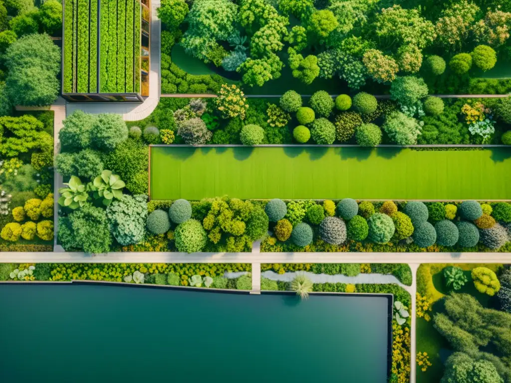 Una vista aérea detallada en 8k de un proyecto arquitectónico sostenible con patrones de la naturaleza integrados en su diseño