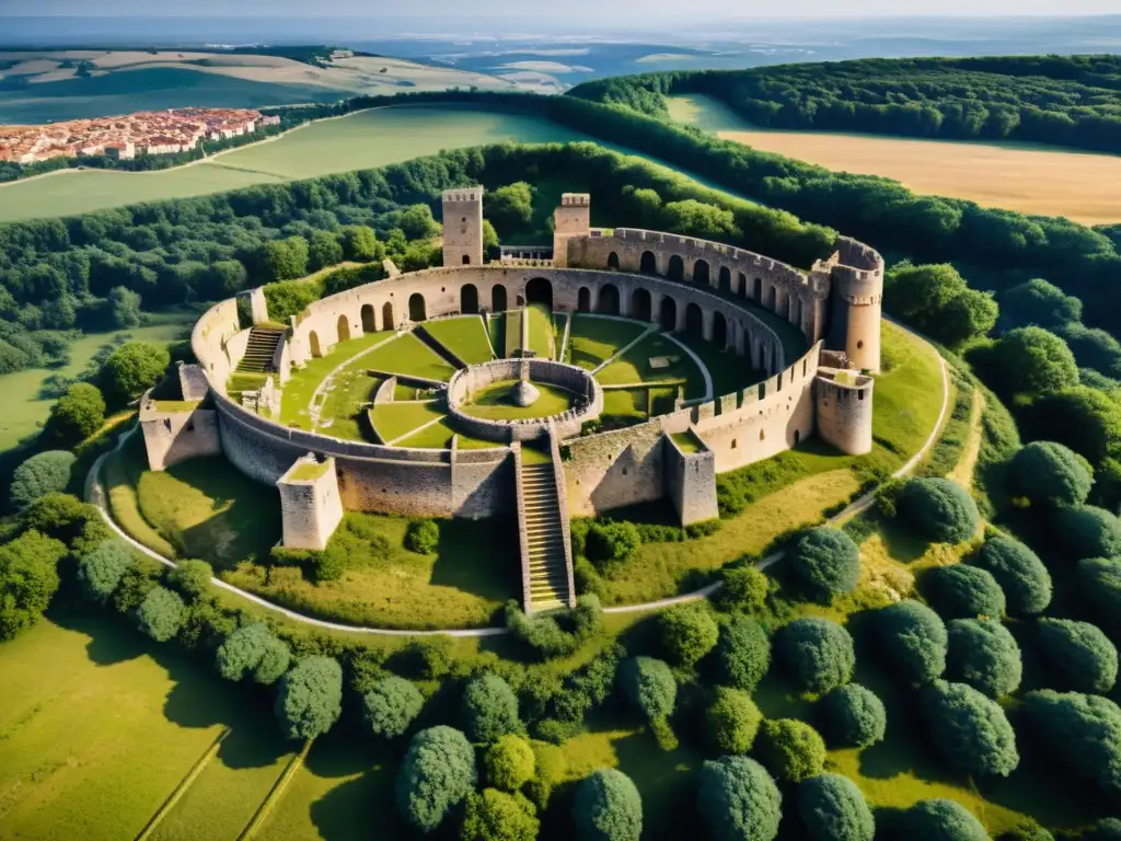 Vista aérea detallada de ruinas de fortaleza militar romana en paisaje escarpado