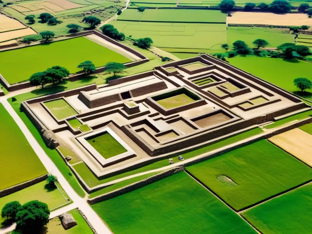 Vista aérea detallada de Chavín de Huántar, destacando sus sistemas hidráulicos y gestión del agua en arquitectura Chavín