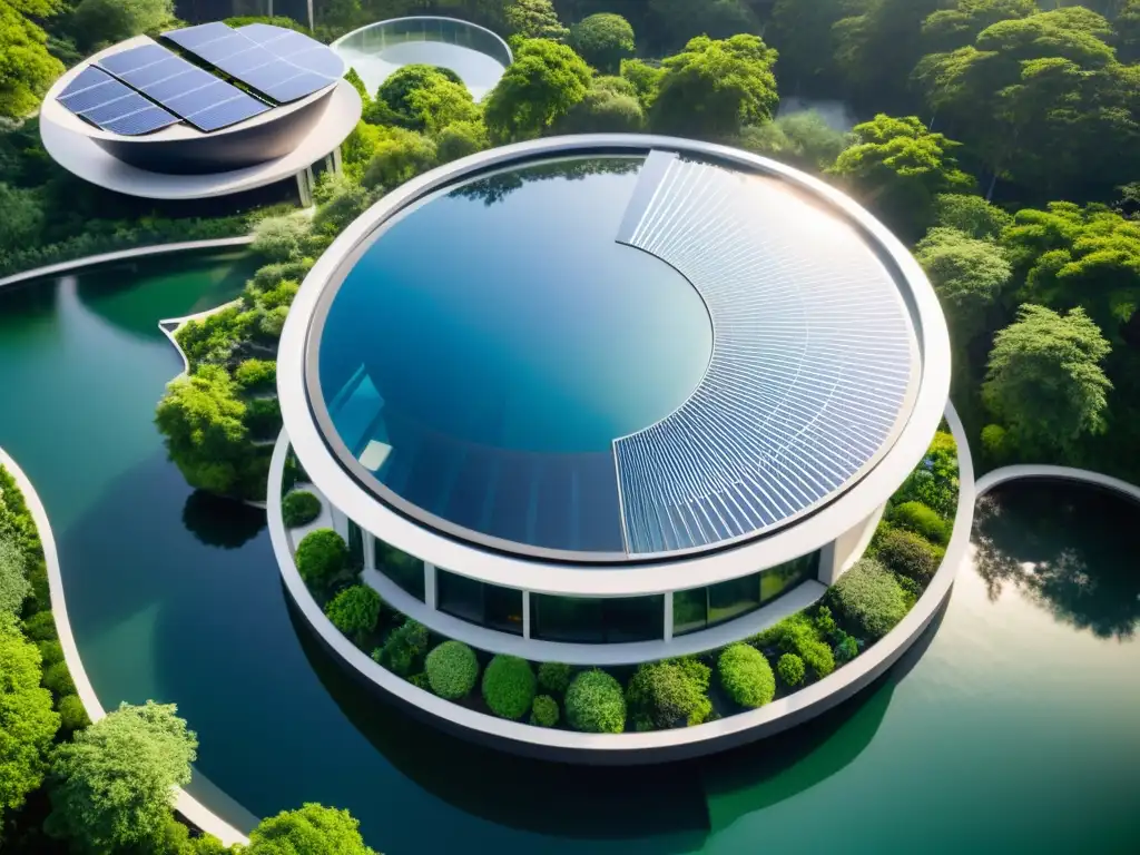 Vista aérea de edificio contemporáneo circular, integrando naturaleza y tecnología