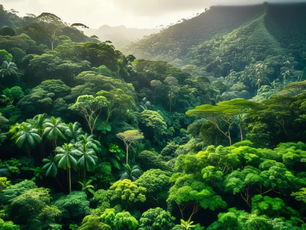 Vista aérea de exuberante selva tropical con aves y luz solar filtrándose entre las hojas