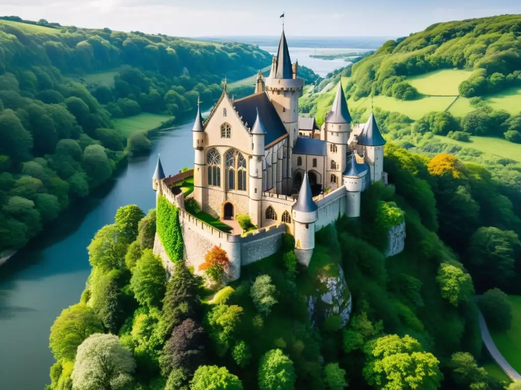 Vista aérea de un imponente castillo gótico en un acantilado rocoso, con una exquisita arquitectura que combina defensa y estética gótica