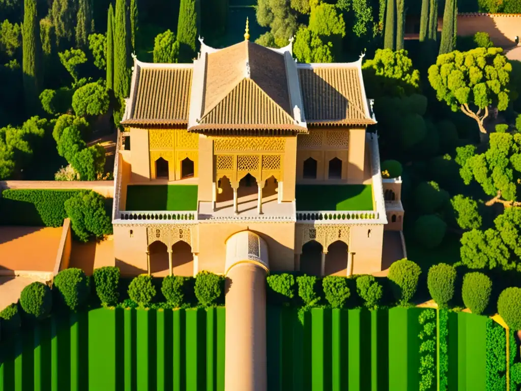 Una vista aérea impresionante de La Alhambra, con su arquitectura islámica y exuberantes jardines bajo la cálida luz del sol