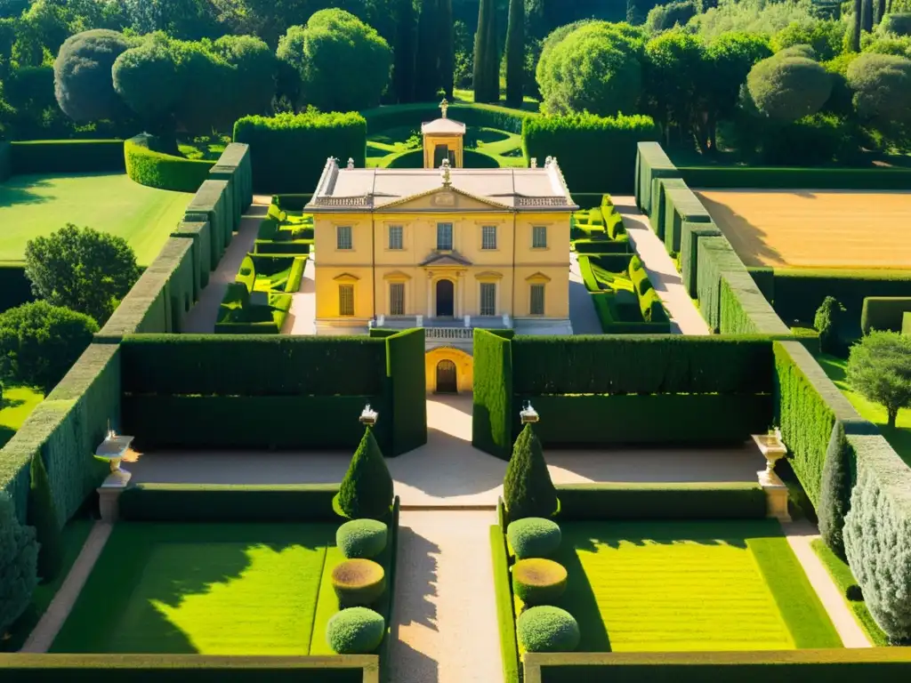 Vista aérea impresionante de la arquitectura manierista italiana Villa Farnese en Caprarola, rodeada de exuberante vegetación y jardines geométricos