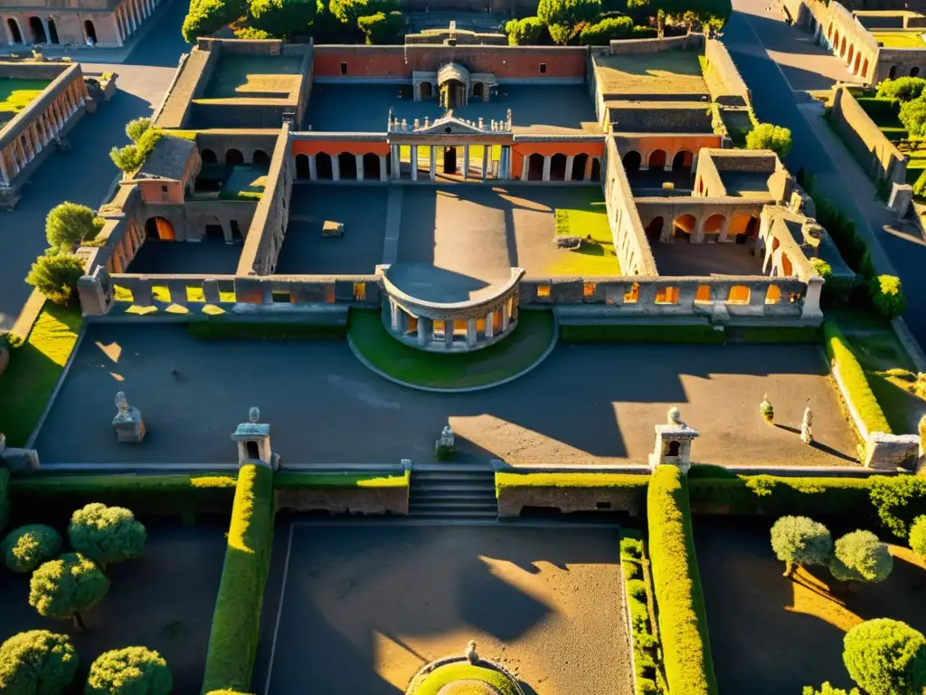 Vista aérea impresionante de la arquitectura histórica de Pompeya, enmarcada por la majestuosa silueta del Monte Vesubio