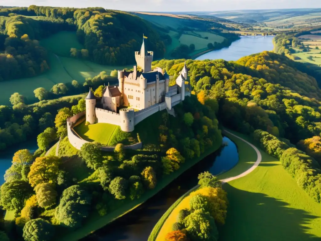 Vista aérea impresionante de un castillo medieval rodeado de un bosque vibrante