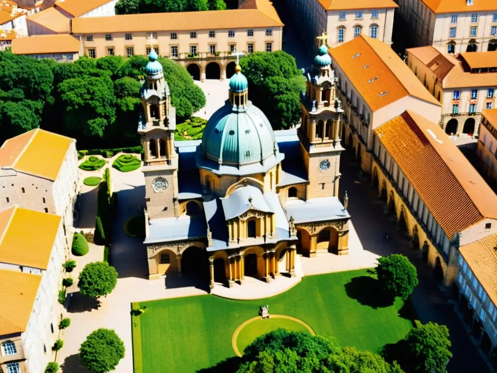 Vista aérea impresionante de la Catedral de Santiago de Compostela, legado románico del Camino de Santiago, con tonos cálidos y detalles ornamentales