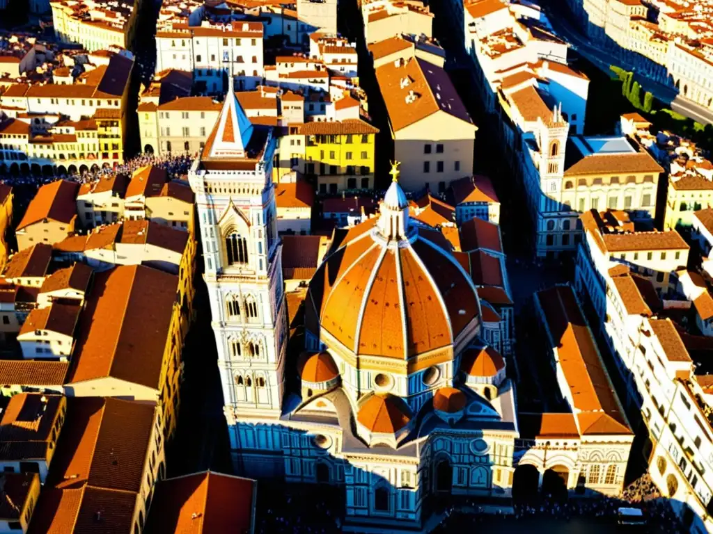 Vista aérea impresionante de la Catedral de Florencia con su icónica cúpula roja, iluminada por el cálido sol