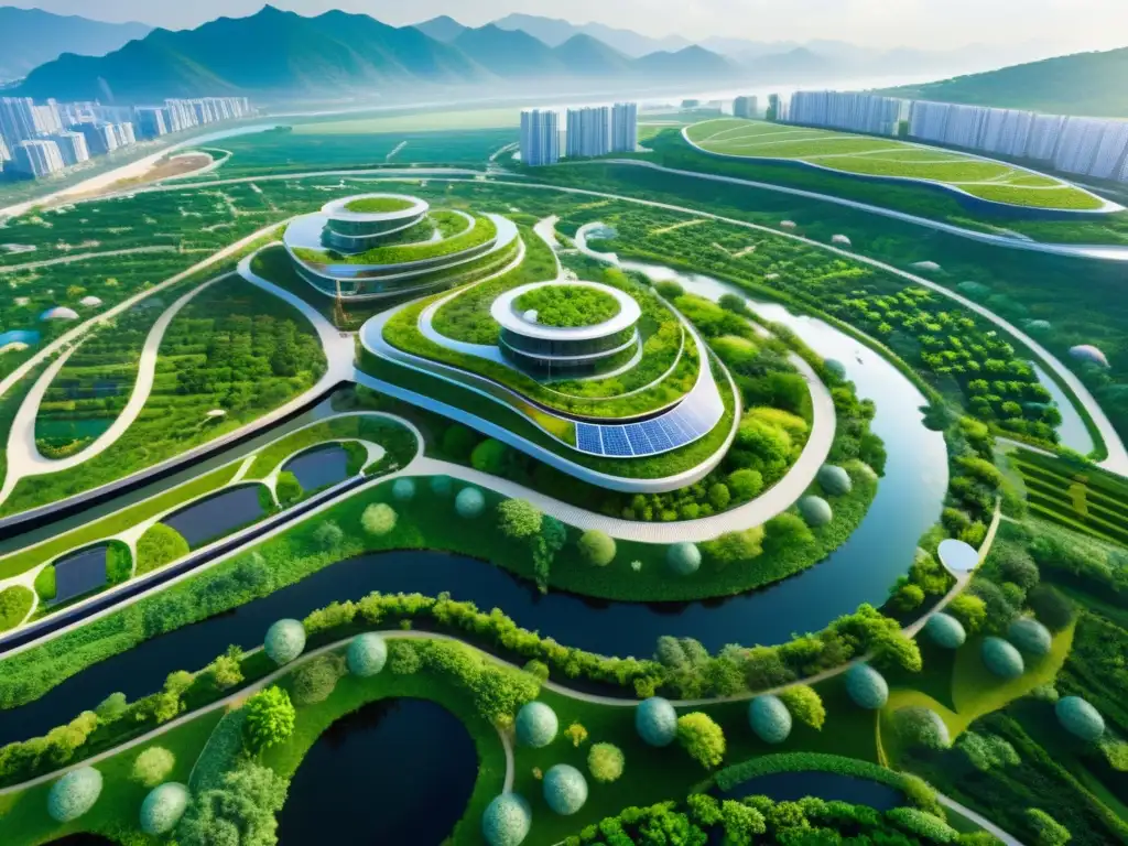 Vista aérea impresionante de la ecociudad Dongtan, con arquitectura ecológica y entorno natural