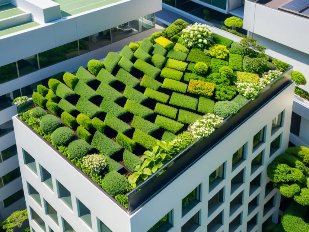 Vista aérea impresionante del edificio ACROS Fukuoka en Japón con su exuberante techo verde, mostrando los beneficios de techos verdes urbanos