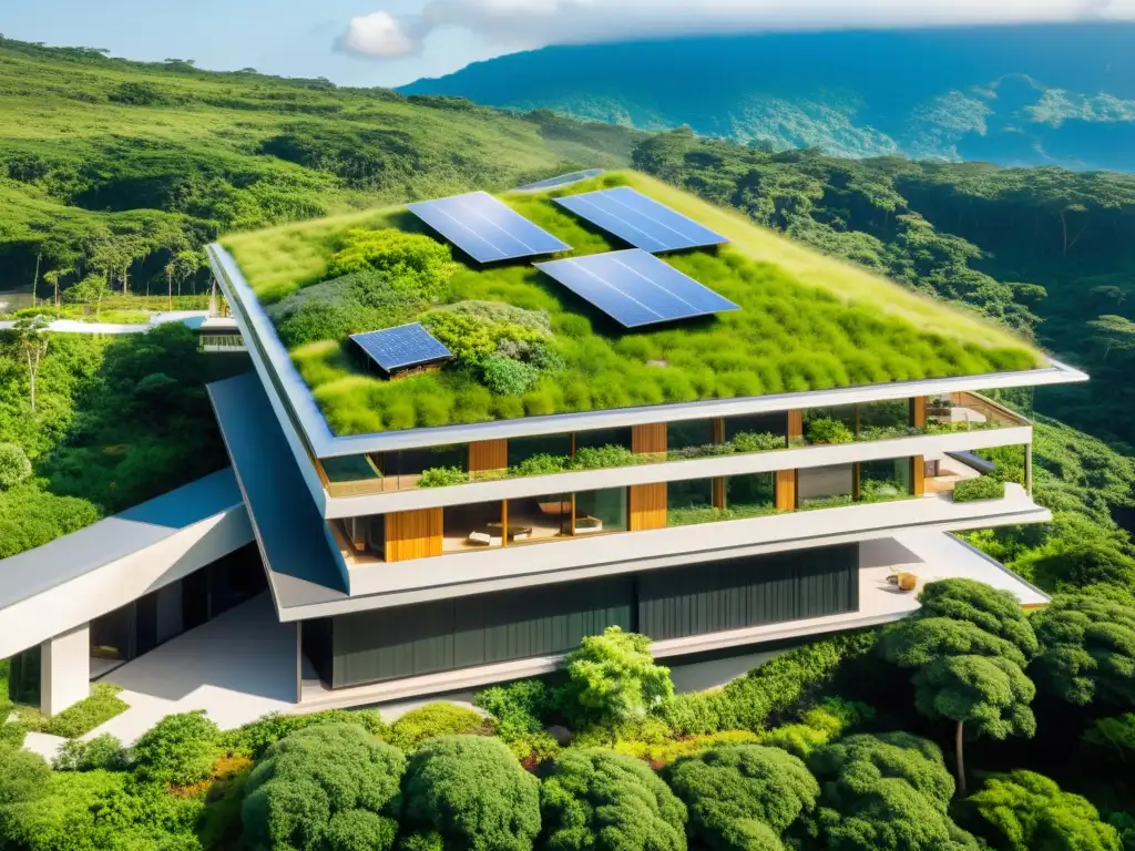 Vista aérea impresionante de integración arquitectura sostenible ecosistemas con techos verdes y paneles solares, armonía con la naturaleza