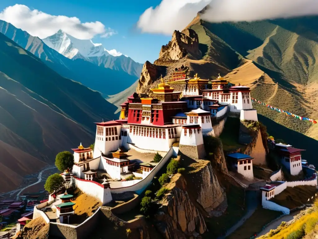 Vista aérea impresionante del monasterio tibetano en alturas, con su arquitectura majestuosa y paisaje montañoso místico