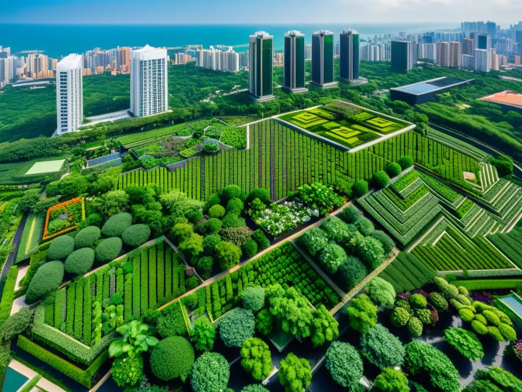 Una vista aérea impresionante de un paisaje urbano moderno con rascacielos adornados con exuberantes jardines en la azotea