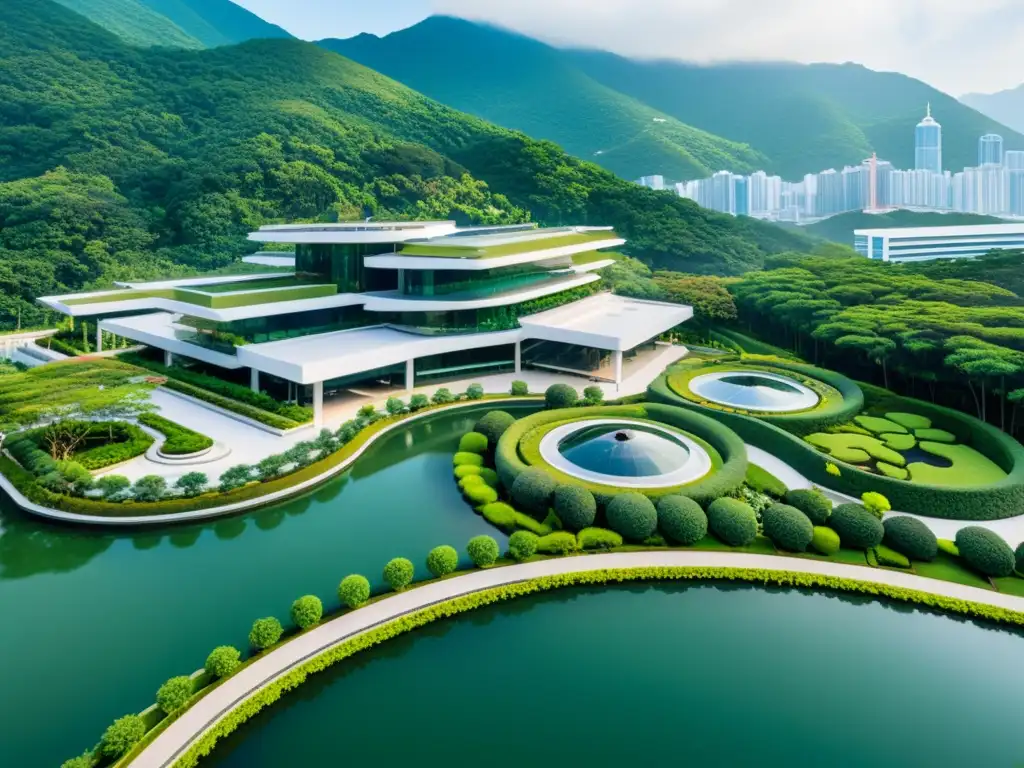 Vista aérea impresionante del Parque Científico de Hong Kong, fusionando arquitectura moderna con elementos de diseño chino tradicional