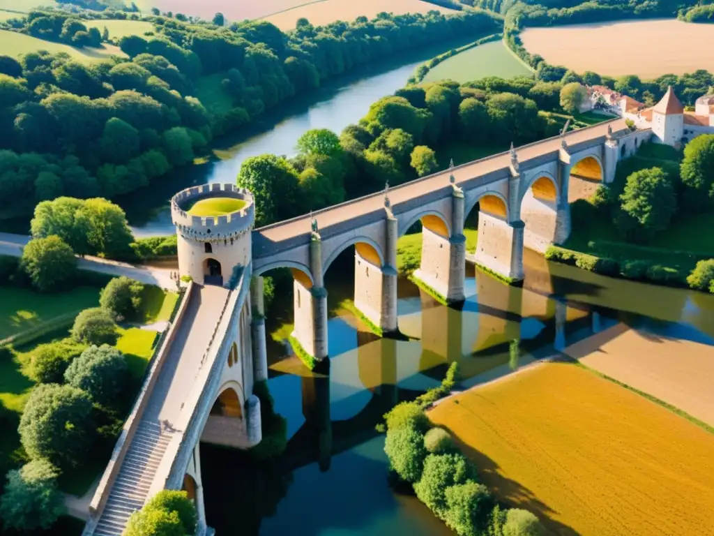 Vista aérea impresionante del puente románico medieval, mostrando su arquitectura intrincada y la influencia románica en ingeniería medieval en el paisaje pintoresco