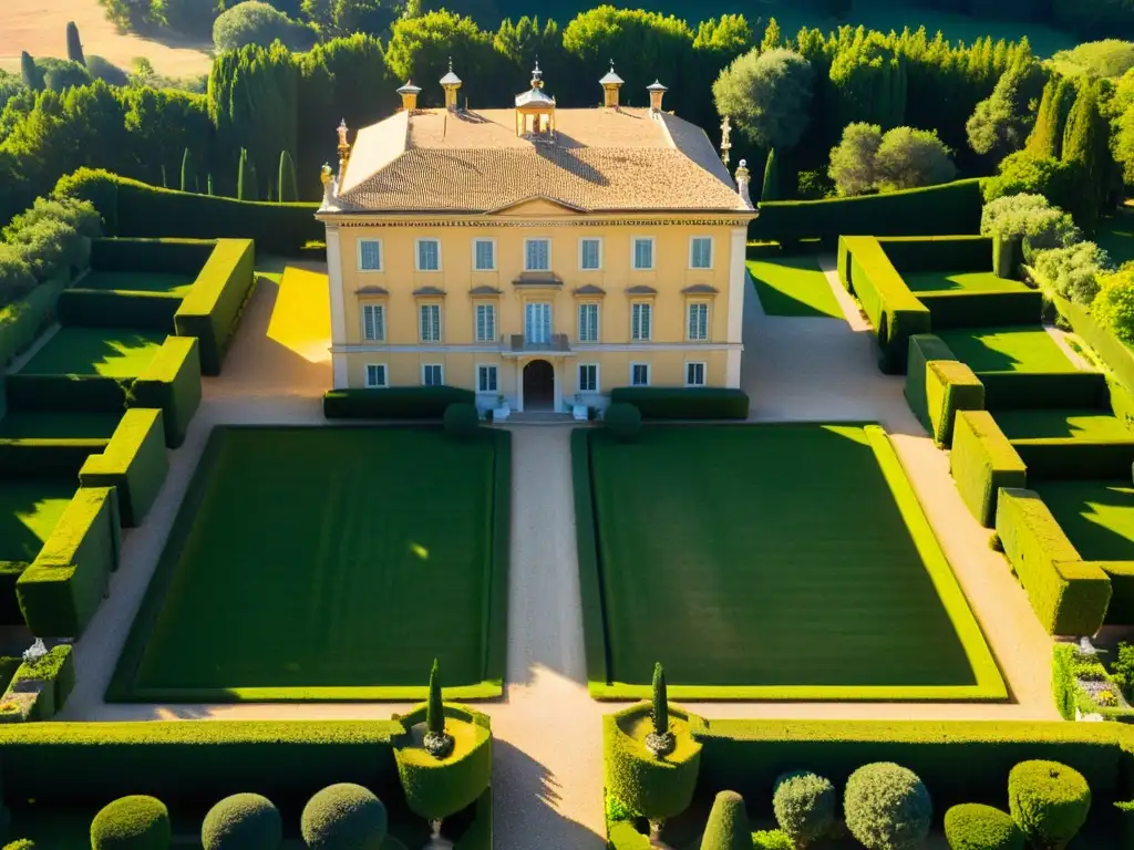 Vista aérea de la majestuosa arquitectura manierista italiana Villa Farnese en Caprarola, bañada por la cálida luz dorada