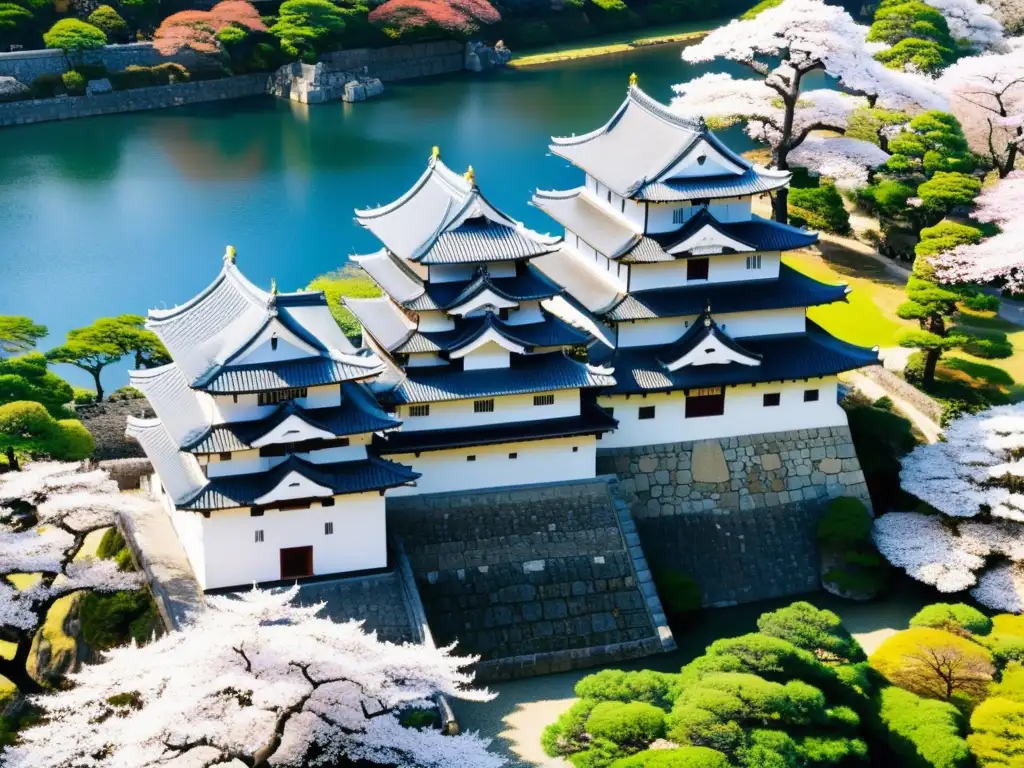 Vista aérea del majestuoso Castillo de Himeji en Japón, rodeado de cherry blossoms