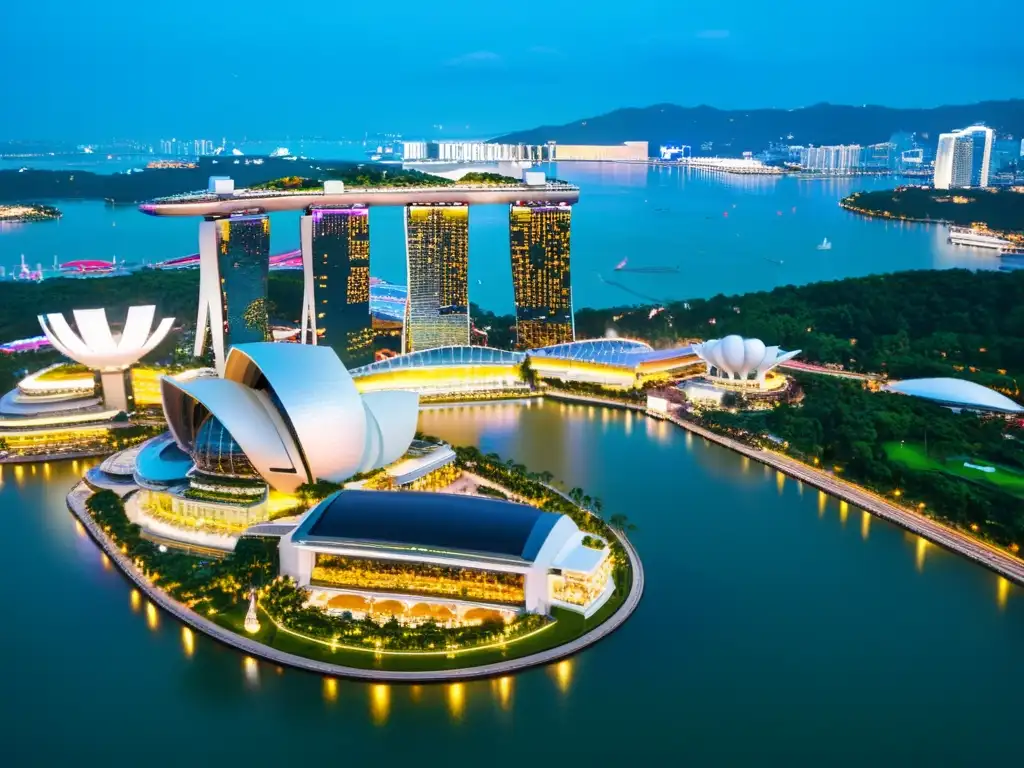 Vista aérea de Singapur con Marina Bay Sands, Gardens by the Bay y moderna arquitectura, muestra la innovación arquitectónica en Asia