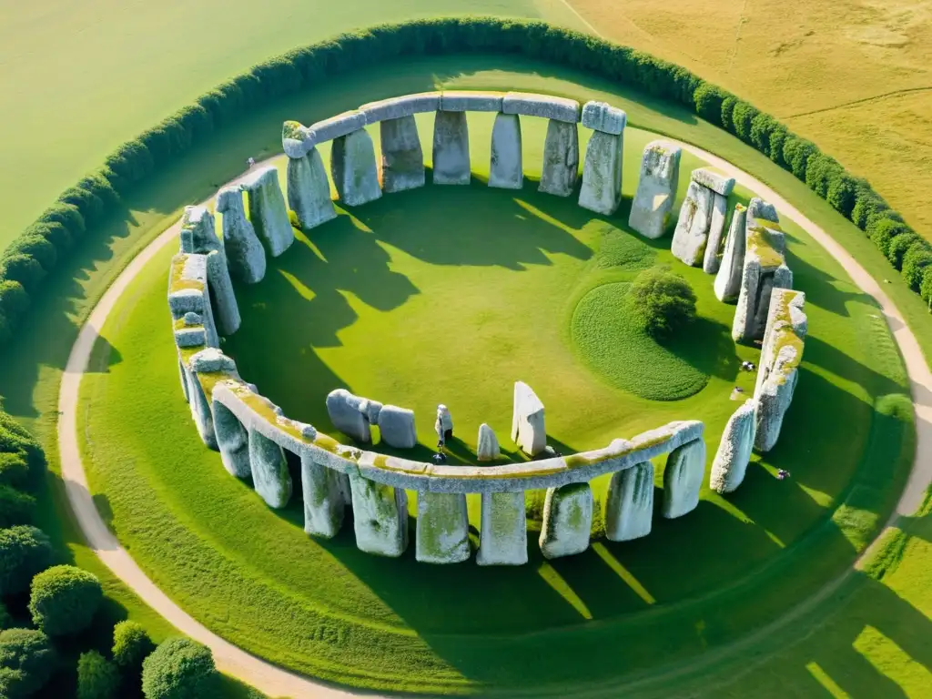 Vista aérea de Stonehenge, monumento megalítico en Inglaterra, bañado por luz solar y rodeado de vegetación exuberante