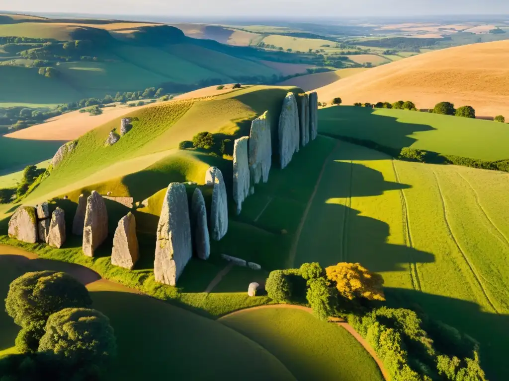 Vista aérea de paisaje con megalitos en arte y cultura, bañados por luz dorada al amanecer