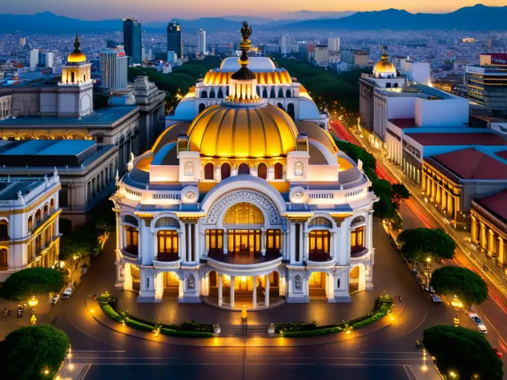 Vista aérea del Palacio de Bellas Artes en la hora dorada, destacando su exuberante arquitectura barroca